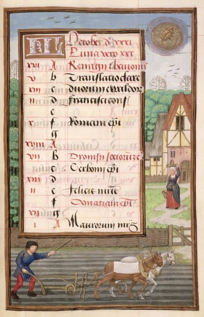 Ms 1058-1975 f10r Pflügen mit zwei Pferden, illuminierte Kalenderseite für Oktober, aus einem Stundenbuch, ca. 1500 von Flemish School