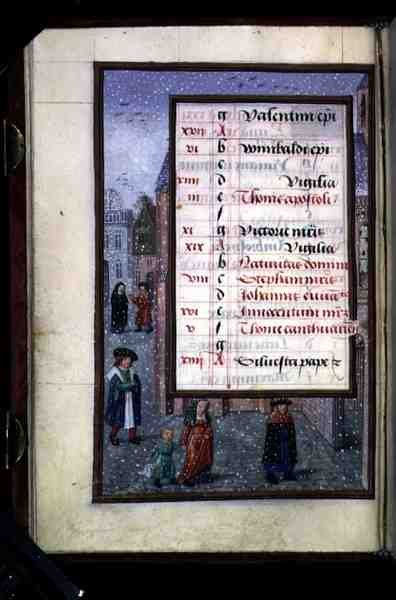 Ms 1058-1975 f12v Schnee in einer Straße, illuminierte Kalenderseite für Dezember, aus einem Stundenbuch, ca. 1500 von Flemish School