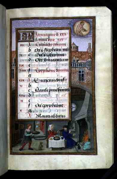 Ms 1058-1975 f1r Festmahl eines Paares, illuminierte Kalenderseite für Januar, aus einem Stundenbuch, ca. 1500 (Pergament) von Flemish School