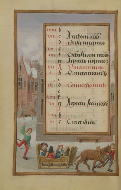 Ms 1058-1975 f1v Straßenszene im Schnee, illuminierte Kalenderseite für Januar, aus einem Stundenbuch, ca. 1500 von Flemish School