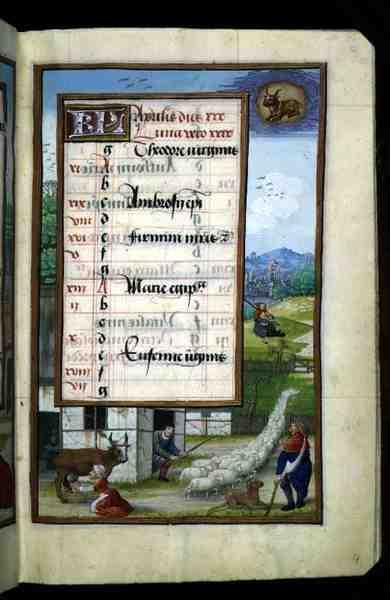 Ms 1058-1975 f4r Hofszene, illuminierte Kalenderseite für April, aus einem Stundenbuch, ca. 1500 (Pergament) von Flemish School