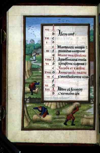 Bindung und Tragen von Garben, beleuchtete Kalenderseite für Juli, aus einem Stundenbuch, ca. 1500 von Flemish School