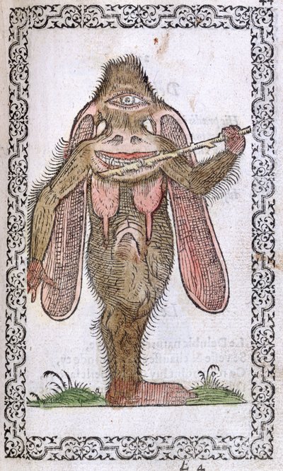 Der Zyklop, Illustration aus Omnium fere gentium nostraeque aetatis Nationum Habitus et Effigies von Jean Sluperji, Antwerpen, 1572 (Farbholzschnitt) von Flemish School