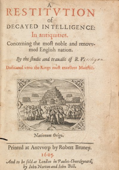 Titelseite von Restitution of Decayed Intelligence von Richard Verstegam, Antwerpen, 1605 von Flemish School