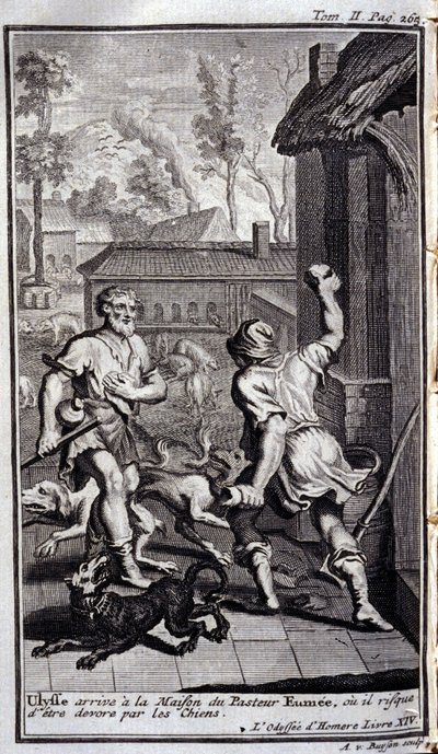 Odysseus kommt im Haus des Hirten Eumaios an oder wird möglicherweise von Hunden angegriffen. Illustration für Buch XIV der Odyssee von Homer, in der Odyssee, veröffentlicht in Amsterdam 1731, Privatsammlung Mailand. von Flemish School
