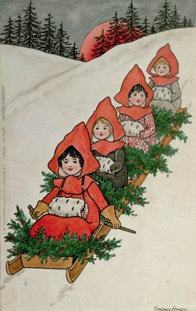 Vier kleine Mädchen auf einem Schlitten von Florence Hardy