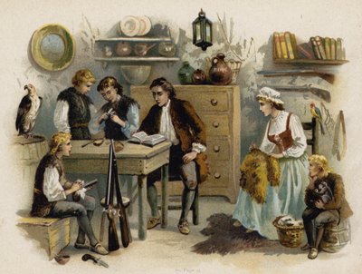 Szene aus Die Schweizer Familie Robinson: Vater liest der Familie im Felsenburg vor von Florence Maplestone