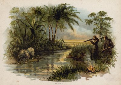 Szene aus Die Schweizer Familie Robinson: Löwenjagd (Chromolithographie) von Florence Maplestone