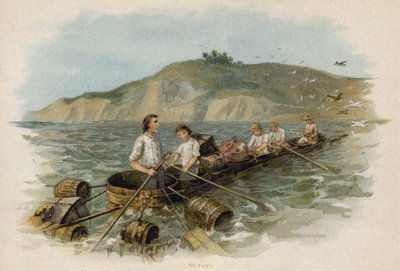 Szene aus Die Schweizer Familie Robinson: Landnähe im Bottichboot von Florence Maplestone