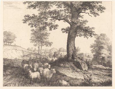 Hirte und Herde unter einem alten Baum von Florian Grospietsch