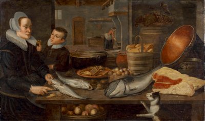 Ein Küchenstillleben mit einer Magd, die Fisch an einem Tisch reinigt, und einem Jungen, der einen Apfel hält von Floris van Schooten