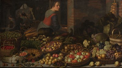 Stillleben mit Obst und Gemüse, mit Christus in Emmaus im Hintergrund von Floris Gerritsz van Schooten