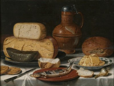 Stillleben mit Käse, Hering, Brot und Wein von Floris van Schooten