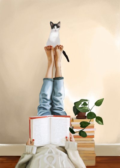Gemütliche Katze beim Lesen von Flow Line