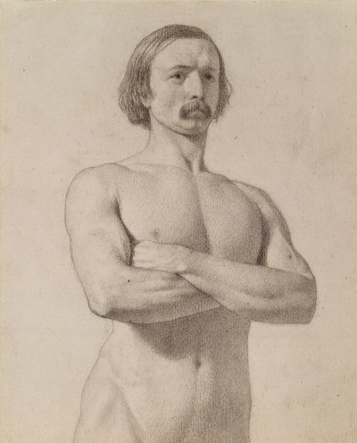 Akademische Aktstudie, Halbfigur mit Schnurrbart und verschränkten Armen, 1849 von Ford Madox Brown