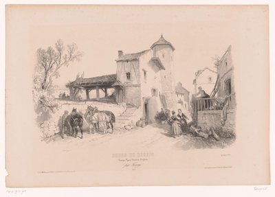 Dorfstraße mit Pferden und verschiedenen Figuren von Fortuné Ferogio