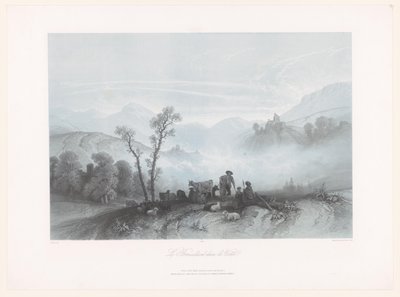 Hirten mit Kühen und Schafen in einem nebligen Tal von Fortuné Ferogio