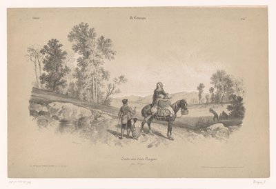 Frau auf einem Pferd mit Mann und Kind in einer Landschaft von Fortuné Ferogio
