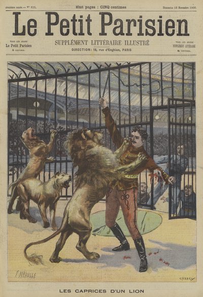 Ein Löwenbändiger wird von einem seiner Tiere angegriffen von Fortune Louis Meaulle