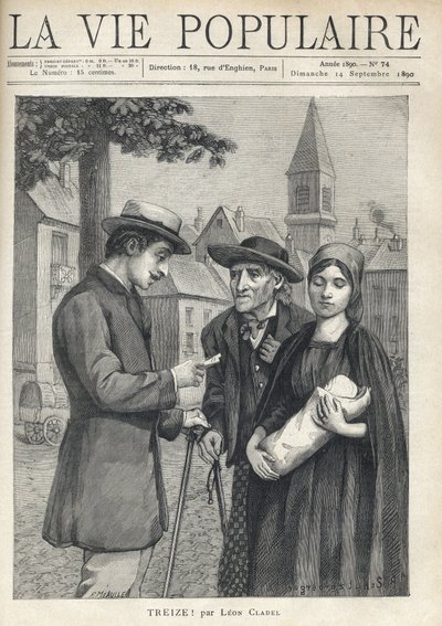 Eine Krankenschwester hält ein neugeborenes Kind, begleitet von ihrem Vater, einem alten Bauern mit entschlossenem Blick, trifft auf einen Mann aus dem Bürgertum, der sorgfältig ein Papier liest, auf dem Platz eines Provinzdorfes. Illustration von Rene Sch von Fortune Louis Meaulle