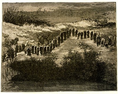 Carnac Menhir-Ausrichtungen. Zeichnung von Victor Hugo, graviert von Meaulle. Auszug aus dem Text von Hugo (En voyage en Bretagne) von Fortune Louis Meaulle