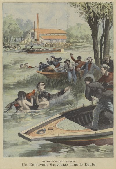 Mutige Rettung aus dem Fluss Doubs durch zwei französische Soldaten von Fortune Louis Meaulle