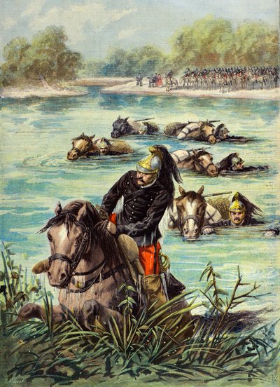 Das 7. Dragonerregiment überquert den Loing schwimmend neben ihren Pferden von Fortune Louis Meaulle