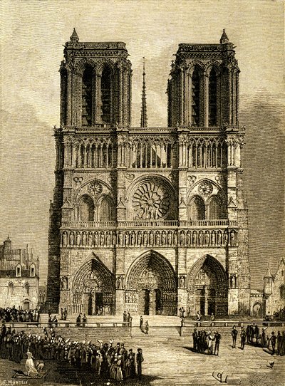 Notre Dame de Paris (Notre-Dame) im Jahr 1482: Westfassade und Vorplatz. Stich von F. Meaulle, basierend auf einer Zeichnung von Viollet-le-Duc zur Illustration des gleichnamigen Romans von Victor Hugo, Ausgabe Ollendorff Anfang des 20. Jahrhunderts. von Fortune Louis Meaulle