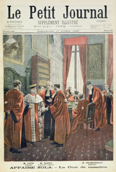 Titelseite, die den Kassationshof mit Herrn Loew, Herrn Chambareaud und Herrn Manau darstellt, Illustration aus der illustrierten Beilage des Le Petit Journal von Fortune Louis Meaulle