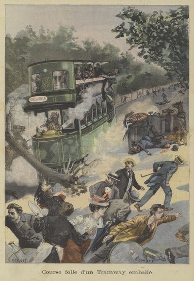 Wilde Fahrt einer durchgehenden Straßenbahn in Paris von Fortune Louis Meaulle