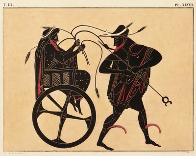 Druck der Dekoration auf einer griechischen Amphore, zeigt Triptolemus und Hermes, ca. 1858 von Fourquemin Fourquemin