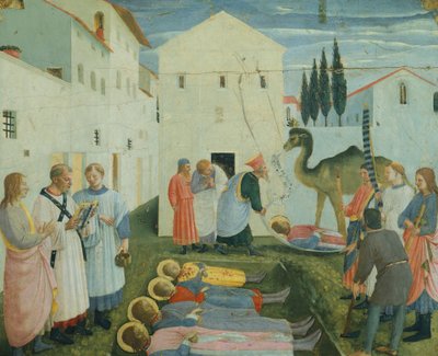 Das Begräbnis der Heiligen Cosmas und Damian, Predellenbilder, die die Geschichte der Heiligen Cosmas und Damian des San Marco Altars darstellen, ca. 1443 von Fra  Angelico