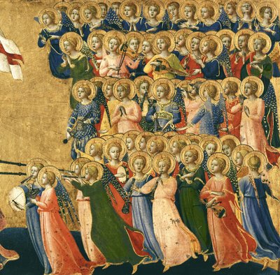 Christus verherrlicht im Himmelshof, Detail von musizierenden Engeln von der rechten Seite, 1419-35 (Detail) von Fra Angelico