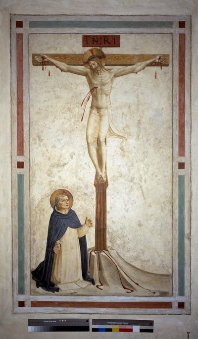 Kreuzigung mit dem heiligen Dominikus. Inschrift "INRI" auf dem Kreuz. Fresko von Guido di Pietro von Fra Angelico