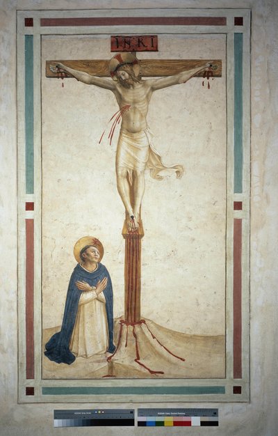Die Kreuzigung mit dem heiligen Dominikus. Inschrift "INRI" auf dem Kreuz. Fresko von Guido di Pietro von Fra Angelico