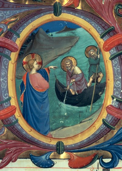 Ms 558 f.9r Die Berufung von St. Peter und St. Andreas, Detail (Initiale O) aus einem Missale von Fra Angelico