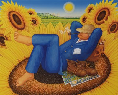Van Goghs Sonnenblumen, 1998 (Öl und Tempera auf Holz) von Frances Broomfield