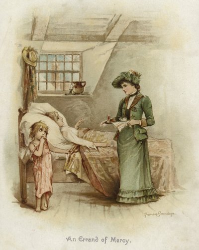 Eine Frau hält ein Tablett neben einem Bett von Frances Brundage