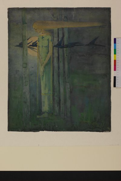 "Unglücksomen", oder, "Mädchen im Ostwind mit vorbeiziehenden Raben vor dem Mond", 1893 von Frances Macdonald