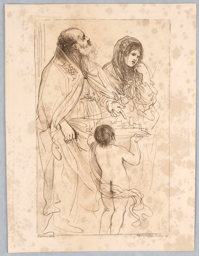 Ein Bischofheiliger zeigt auf ein Modell einer Stadt, mit anderen Figuren, nach einer Zeichnung von Guercino von Francesco Bartolozzi