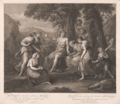 Bacchus inmitten einsamer Felsen, der den Nymphen das Dichten lehrt von Francesco Bartolozzi