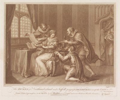 Herzöge von Northumberland und Suffolk bitten Lady Jane Grey, die Krone anzunehmen von Francesco Bartolozzi