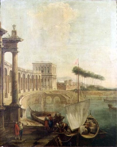 Ein Capriccio, Hafen mit Figuren, die eine Fähre beladen von Francesco Battaglioli