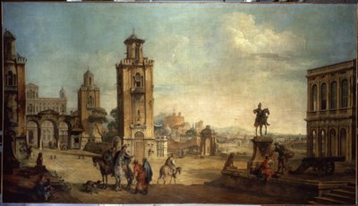 Straßenszene in einer Stadt, der große Platz mit Denkmälern von Francesco Battaglioli
