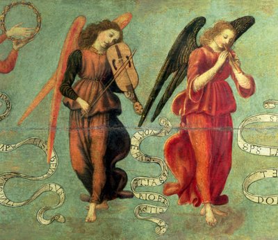 Engel, die Geige und Flöte spielen, ca. 1475-97 Tempera auf Holz (Detail) von Francesco Botticini