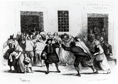 Die Plünderung der Bäckerei der Krücken, Episode aus Die Verlobten, von Alessandro Manzoni, Illustration von Francesco Gonin, Ausgabe 1840 von Francesco Gonin
