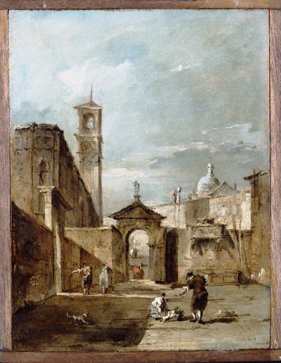 Ein Capriccio eines venezianischen Platzes mit einer Kirche im Hintergrund von Francesco Guardi