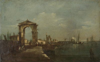 Landschaft mit einem Kai und Schiffen auf einem See von Francesco Guardi