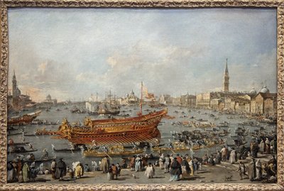 Der Start des Bucentaurus zum Lido von Venedig am Himmelfahrtstag, der Doge nimmt an der großen Veranstaltung der Himmelfahrtsfeierlichkeiten teil, der Hochzeit von Venedig mit der Adria zur Erinnerung an die Eroberung Dalmatiens im 14. Jahrhundert von Francesco Guardi