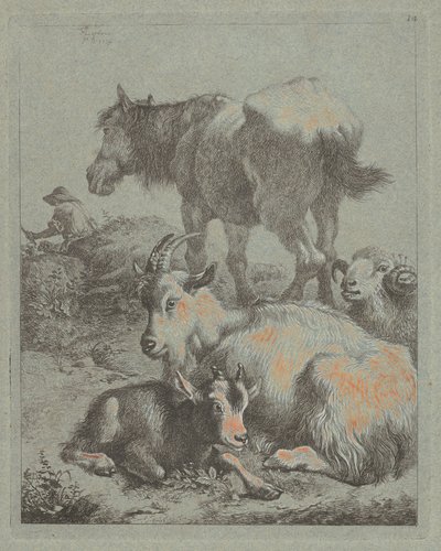 Pferd, Widder, Ziege mit Kitz; Im Hintergrund ein Hirte mit Herde von Francesco Londonio